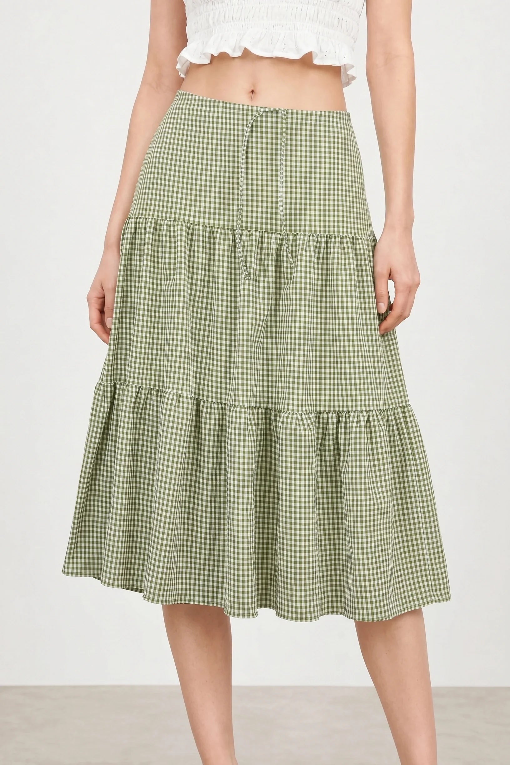 Green tiny gingham checked tiered skirt