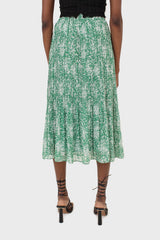 Green and white printed pleated midi skirt