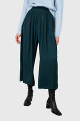 Green silky shirring loose fit trousers