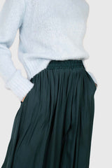Green silky shirring loose fit trousers