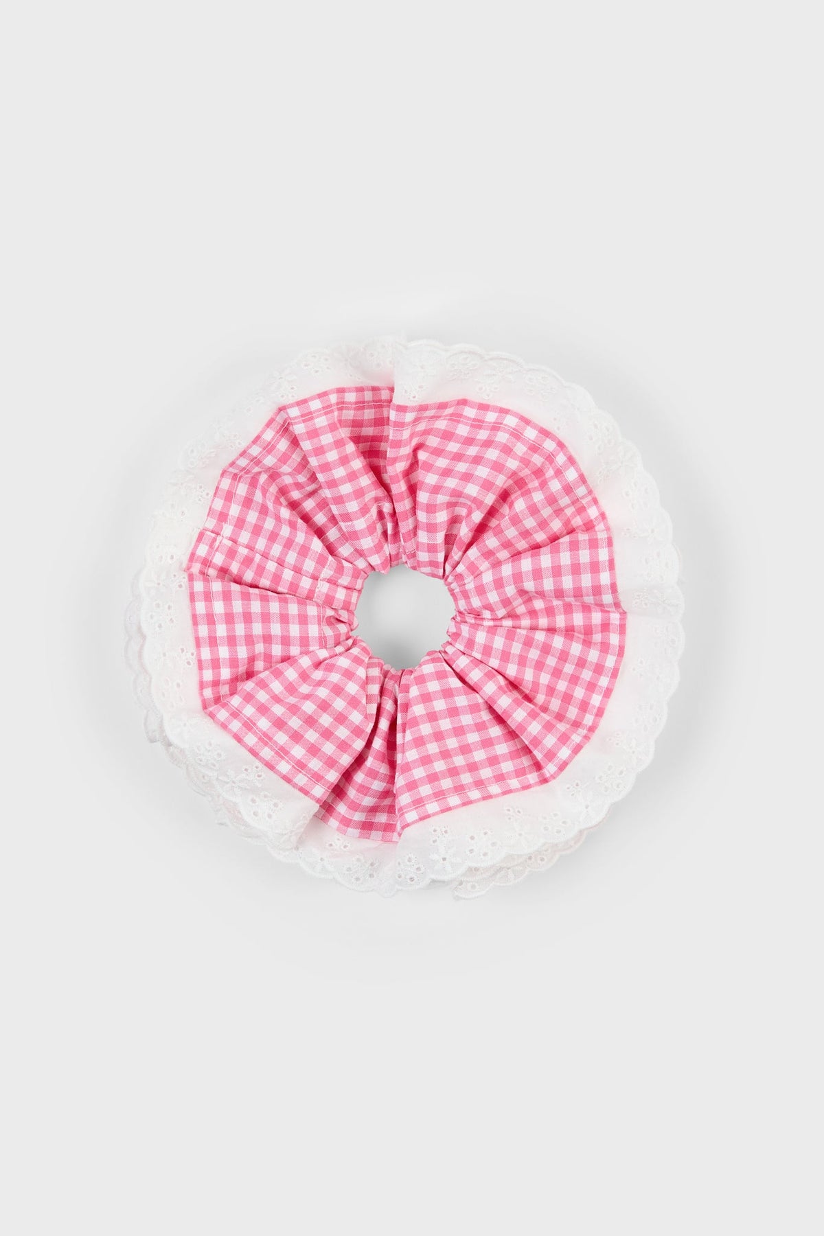 Hot pink gingham white eyelet trim scrunchie