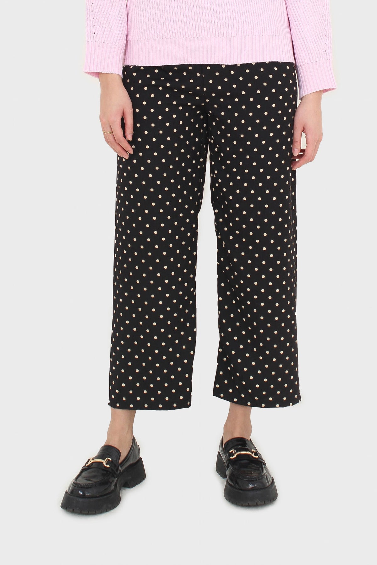 Black and white polka dot loose fit silky trousers