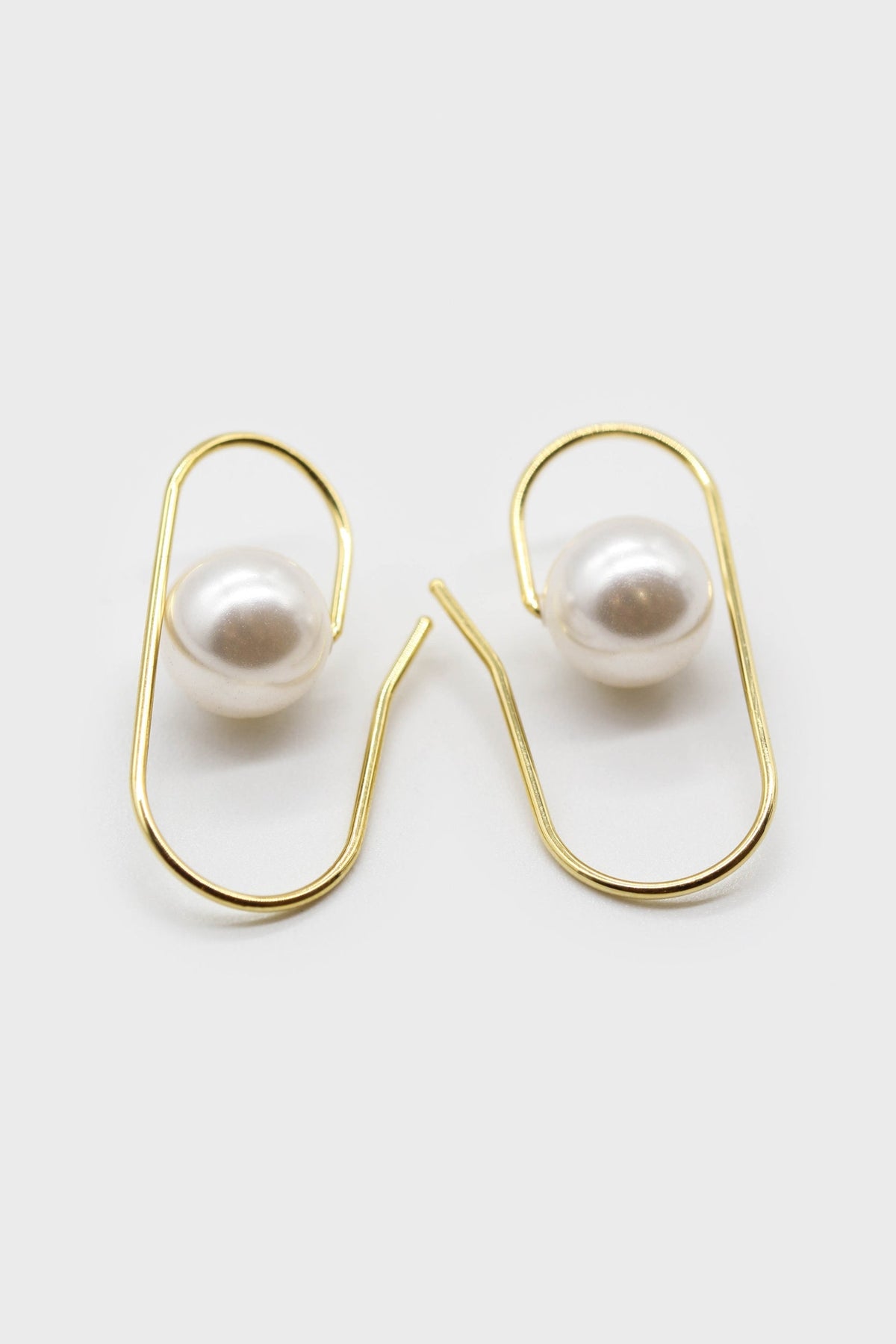 Gold paper clip pearl earrings