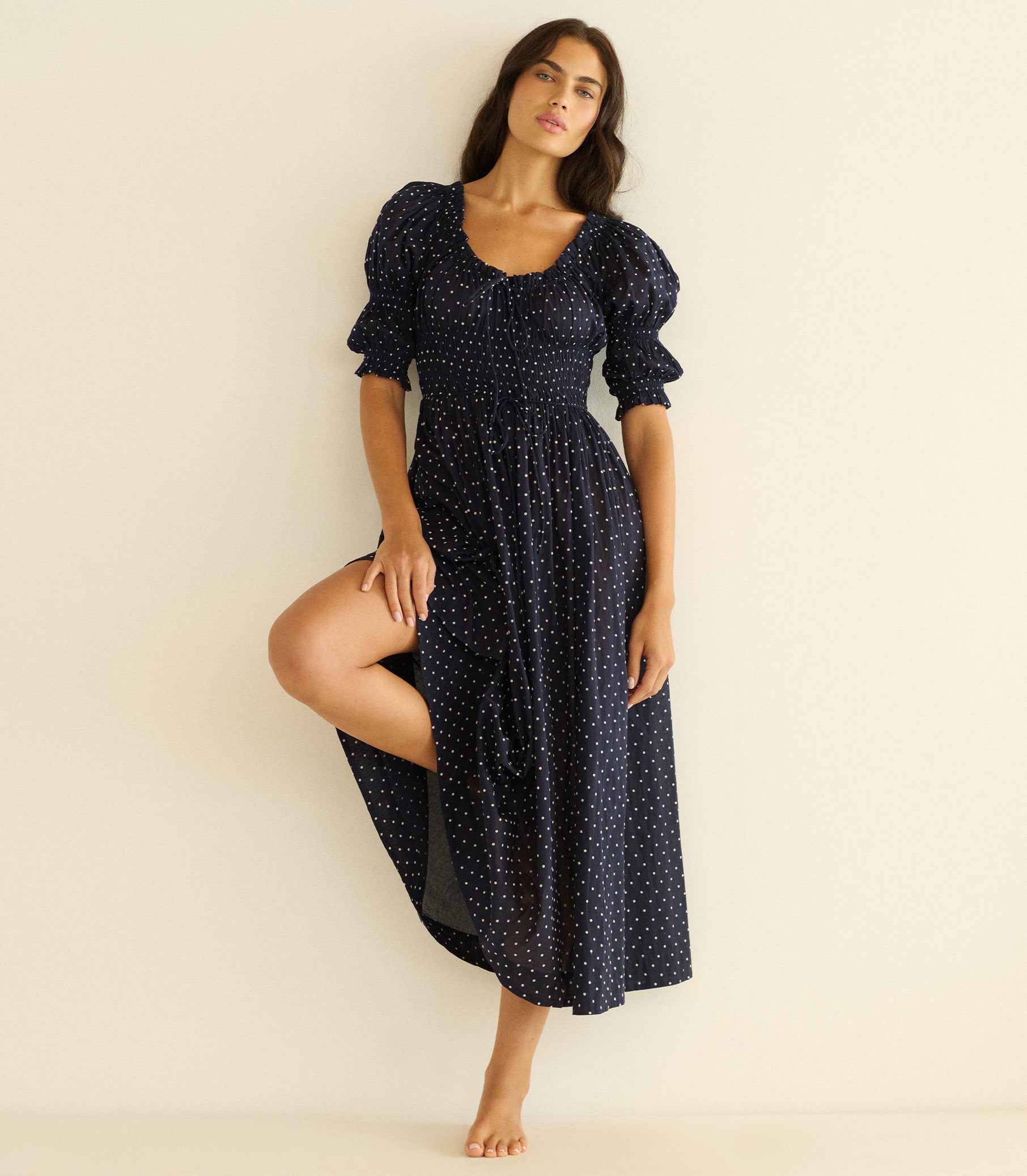 ISCHIA DRESS -- NAVY FLOCK DOT