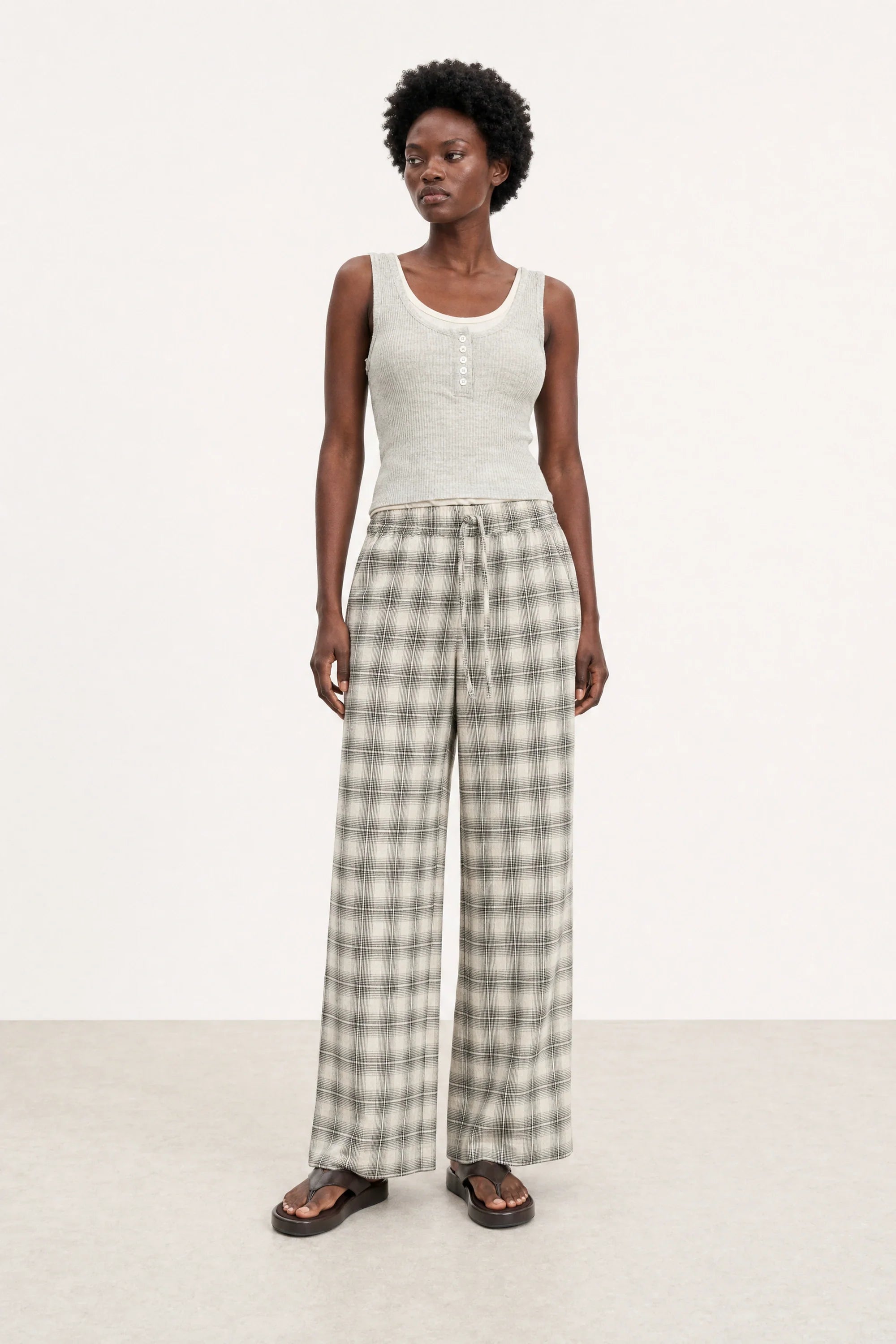 Ivory plaid tie waist trousers