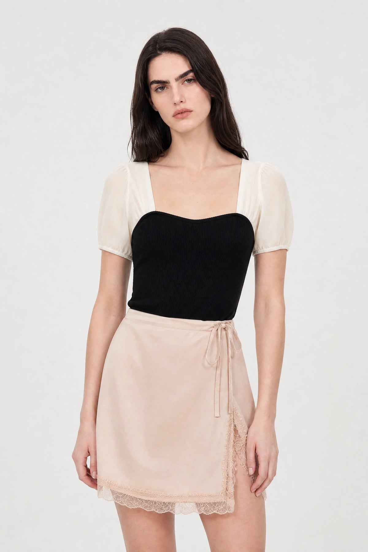 Ivory sheer sleeve black bodice short sleeved blouse