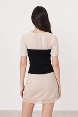 Ivory sheer sleeve black bodice short sleeved blouse
