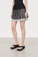 Ivory striped sheer black overlay lace trim mini skirt