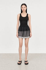 Ivory striped sheer black overlay lace trim mini skirt