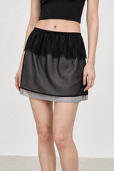 Ivory striped sheer black overlay lace trim mini skirt