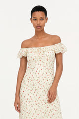 Ivory floral print frill straps silky dress