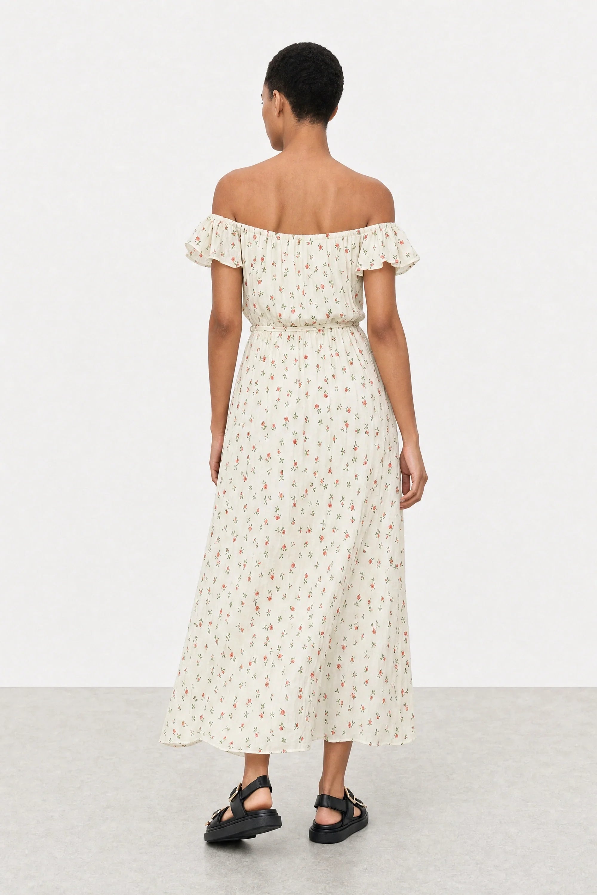 Ivory floral print frill straps silky dress