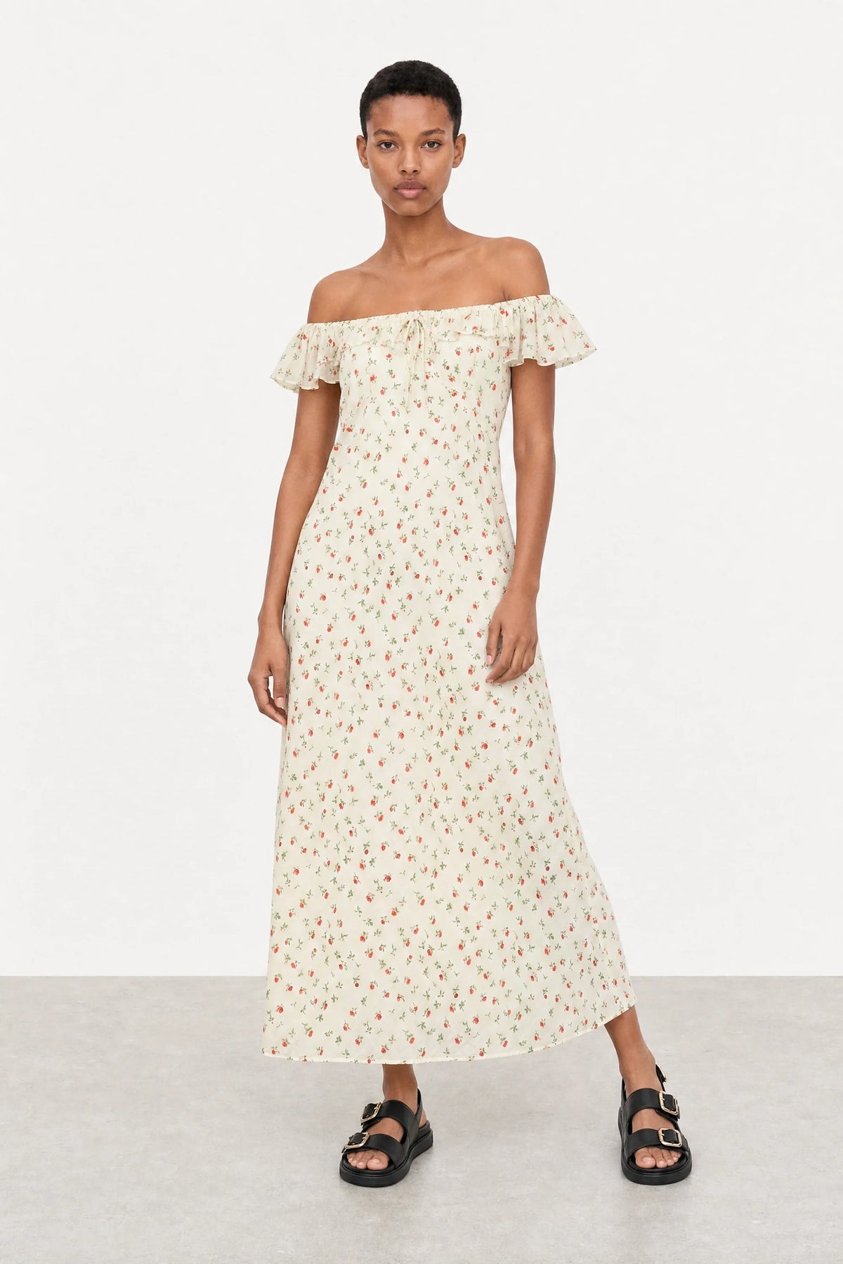 Ivory floral print frill straps silky dress