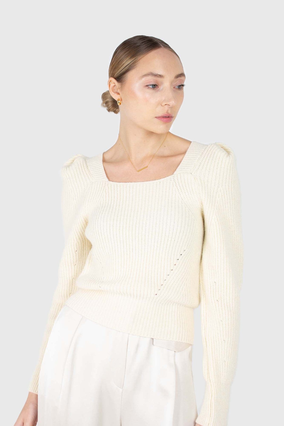 Ivory puff sleeved square neck knit top