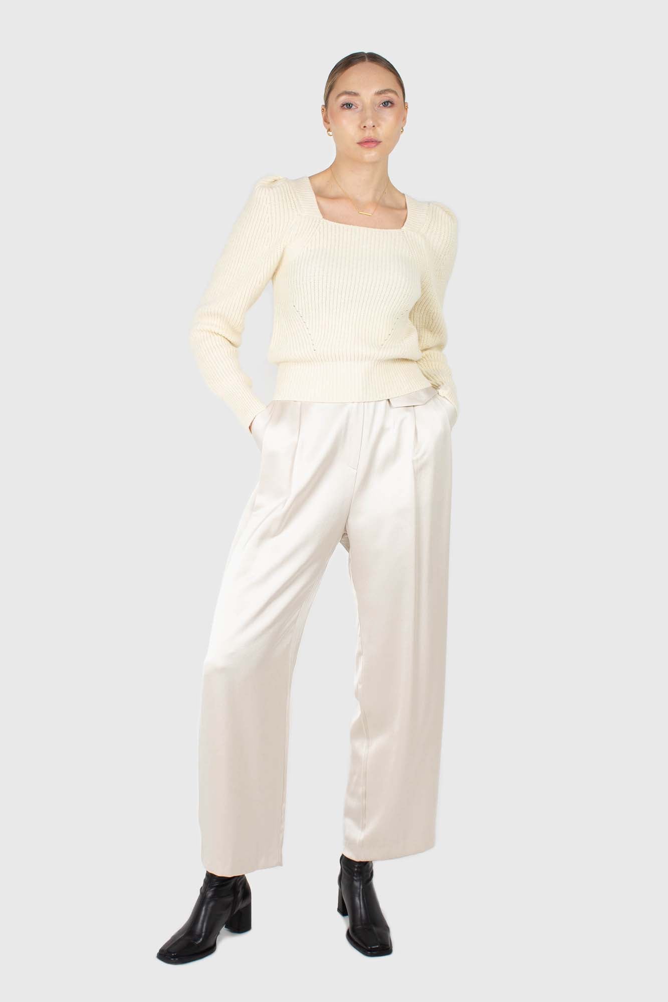 Ivory puff sleeved square neck knit top