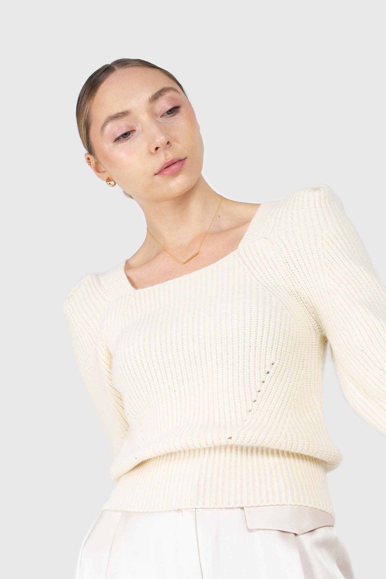 Ivory puff sleeved square neck knit top