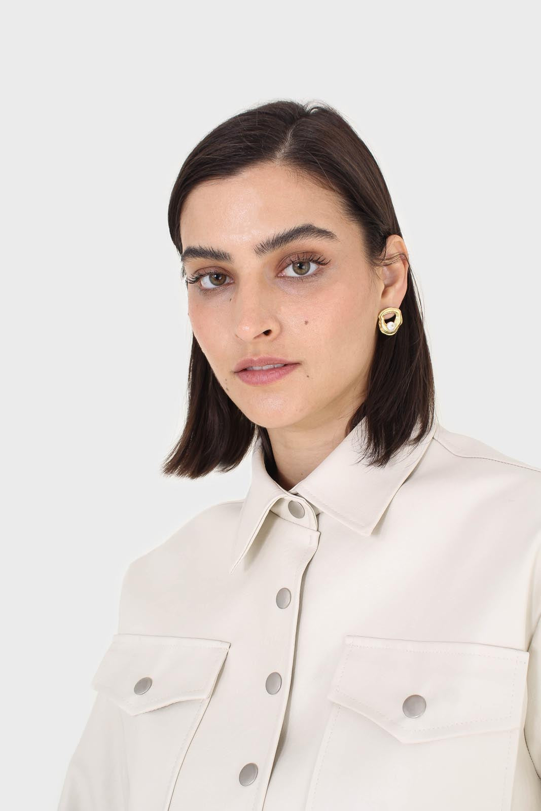 Ivory vegan leather cropped shirt jacket