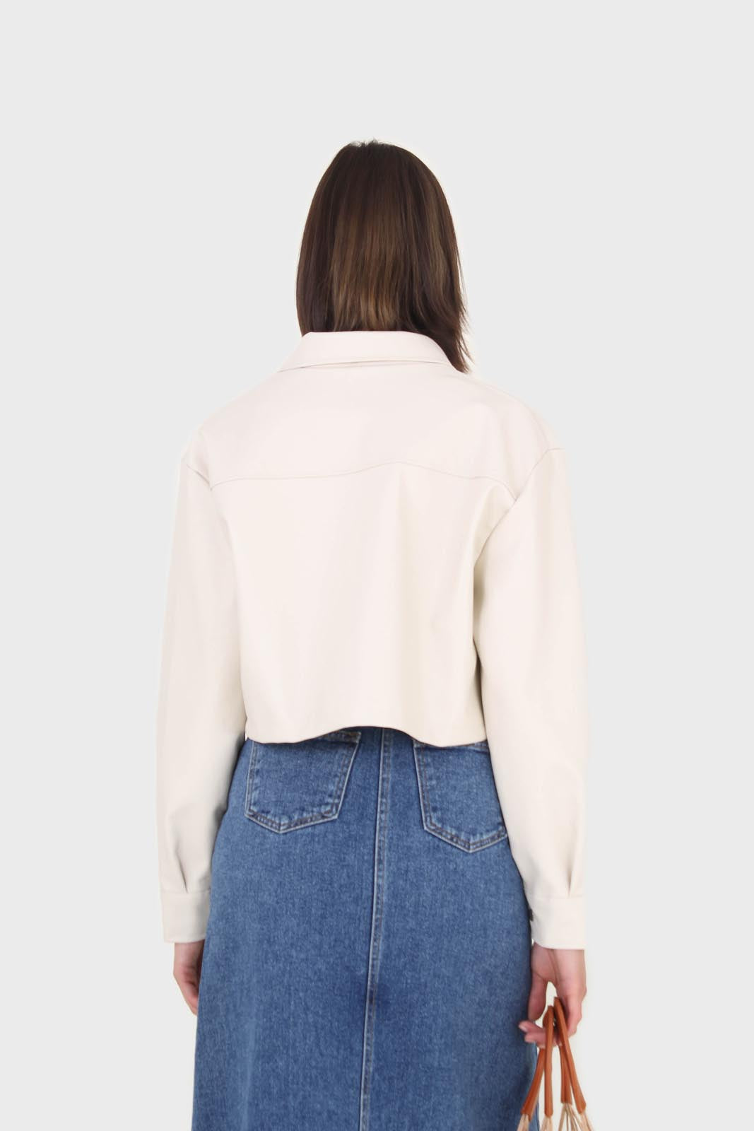 Ivory vegan leather cropped shirt jacket