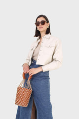 Ivory vegan leather cropped shirt jacket