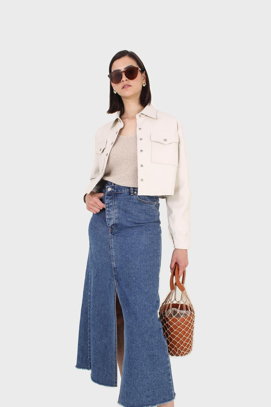 Ivory vegan leather cropped shirt jacket