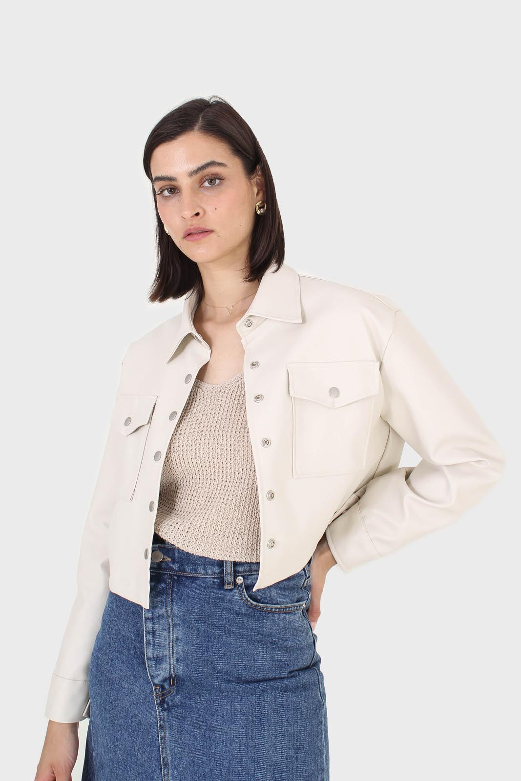 Ivory vegan leather cropped shirt jacket