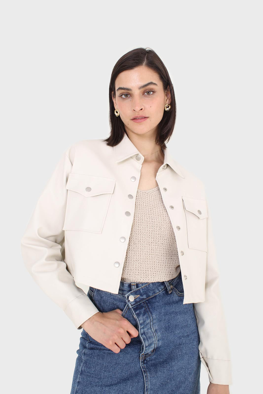 Ivory vegan leather cropped shirt jacket