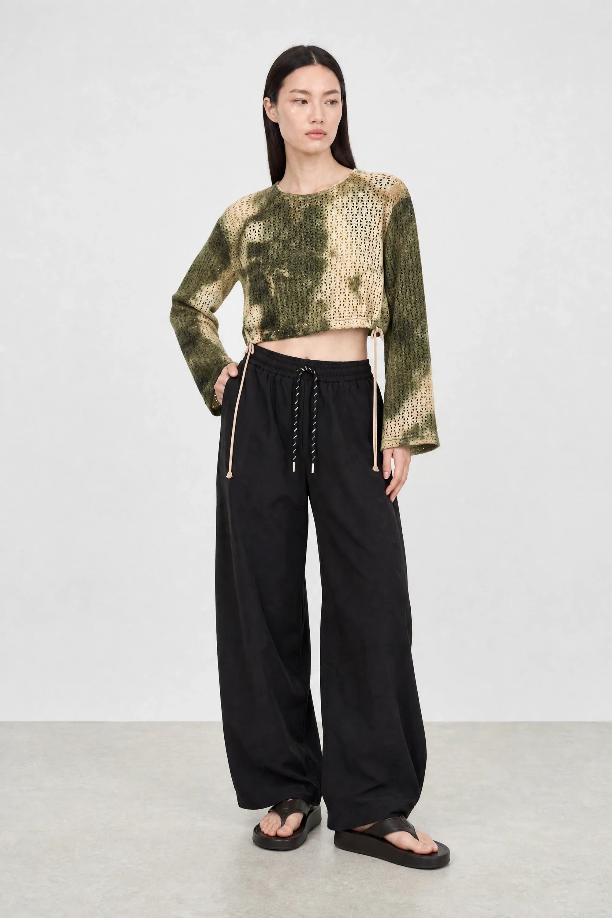 Khaki and beige tie dye textured cinch waist top