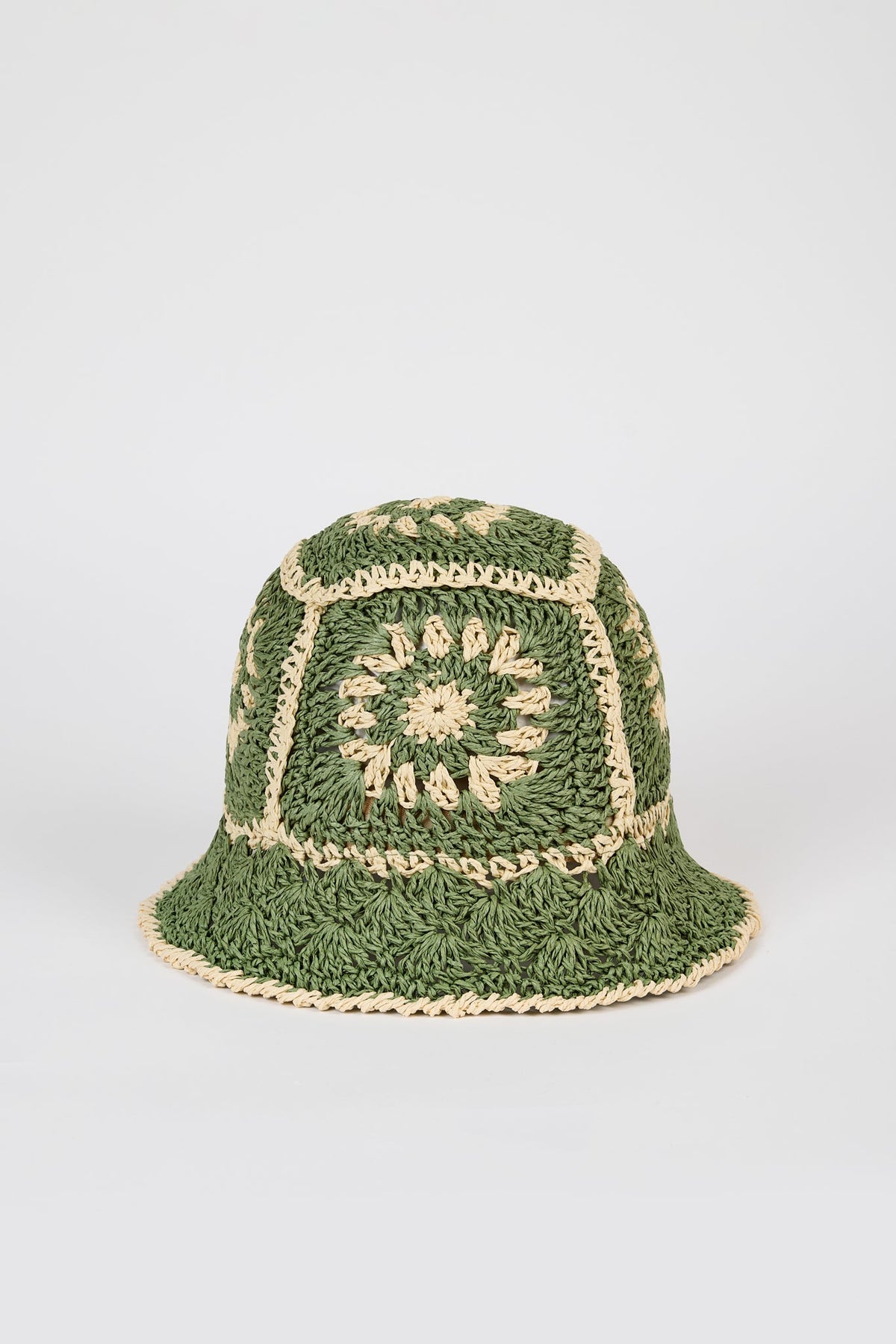 Khaki and ivory crochet straw bucket hat