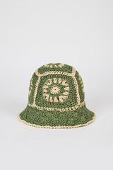 Khaki and ivory crochet straw bucket hat