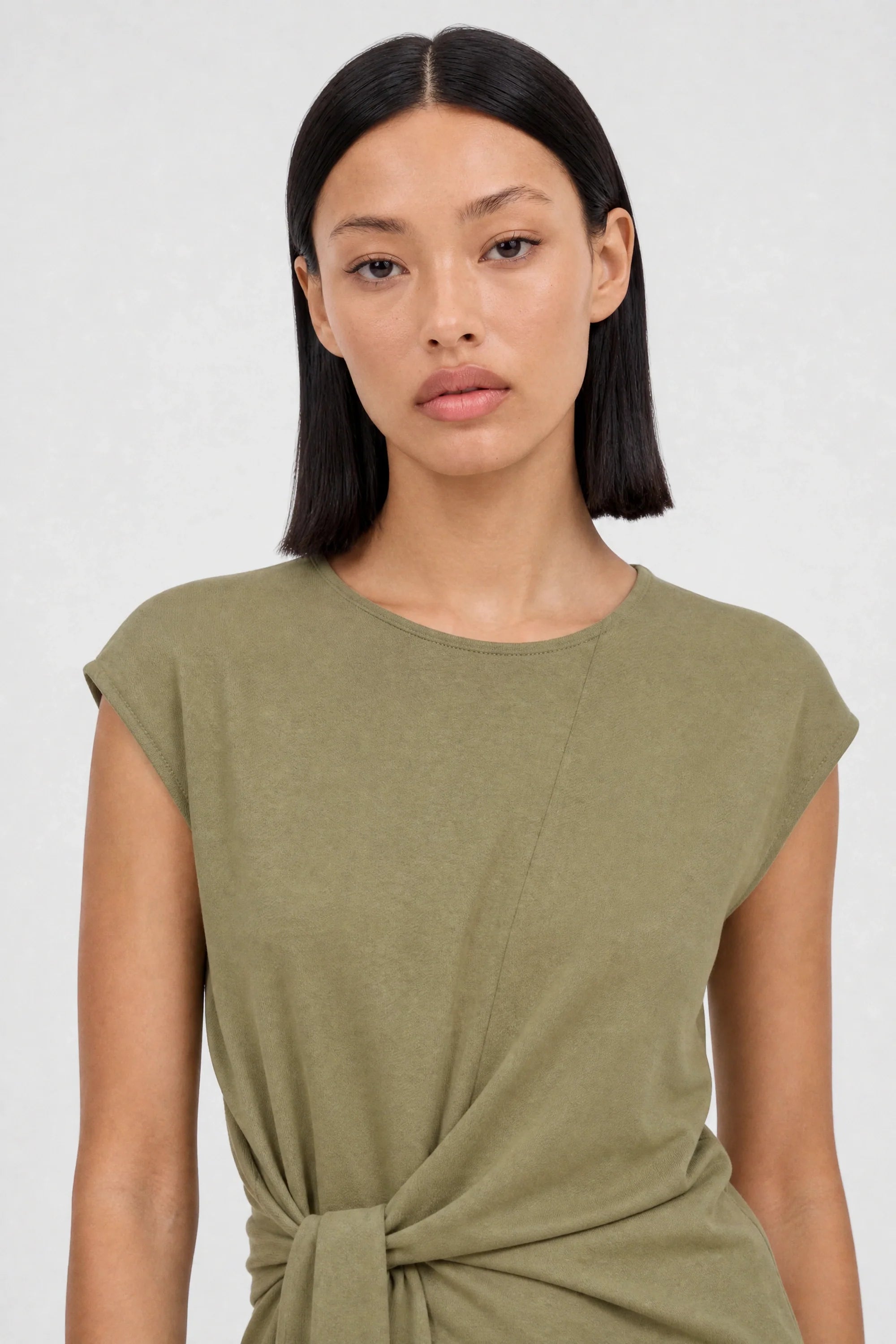 Khaki tie waist round neck tank