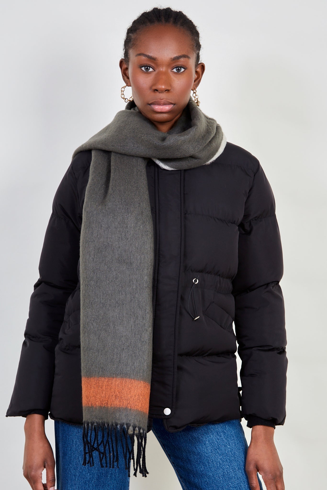 Khaki and orange contrast block fringe scarf