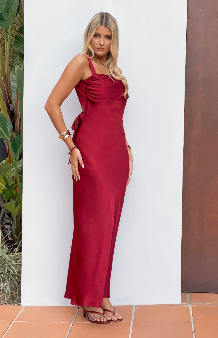 Laria Wine Satin Formal Maxi Dress