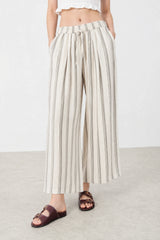 Light beige and black linen blend dotted stripe trousers
