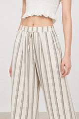 Light beige and black linen blend dotted stripe trousers