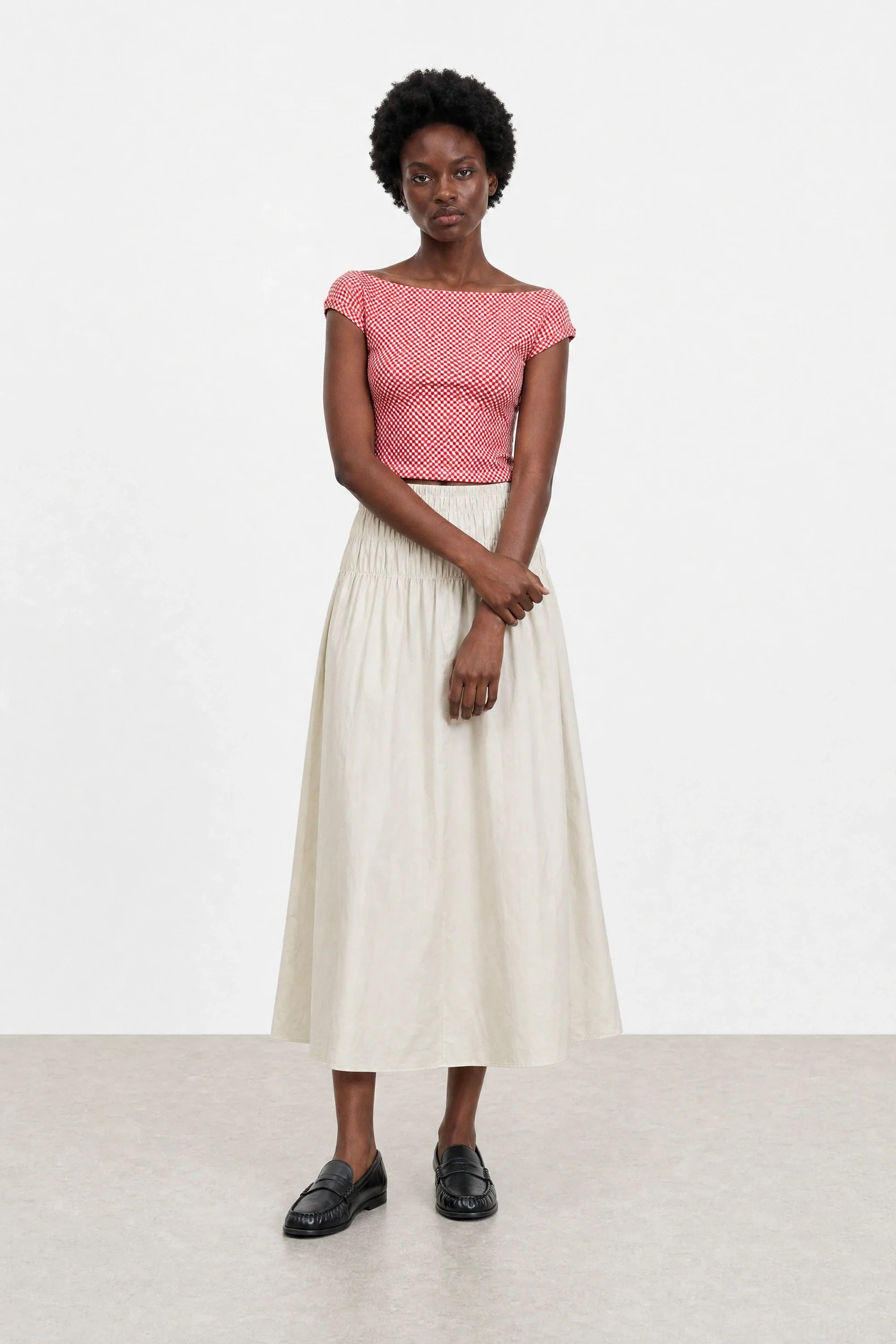 Light beige giant shirring waist skirt