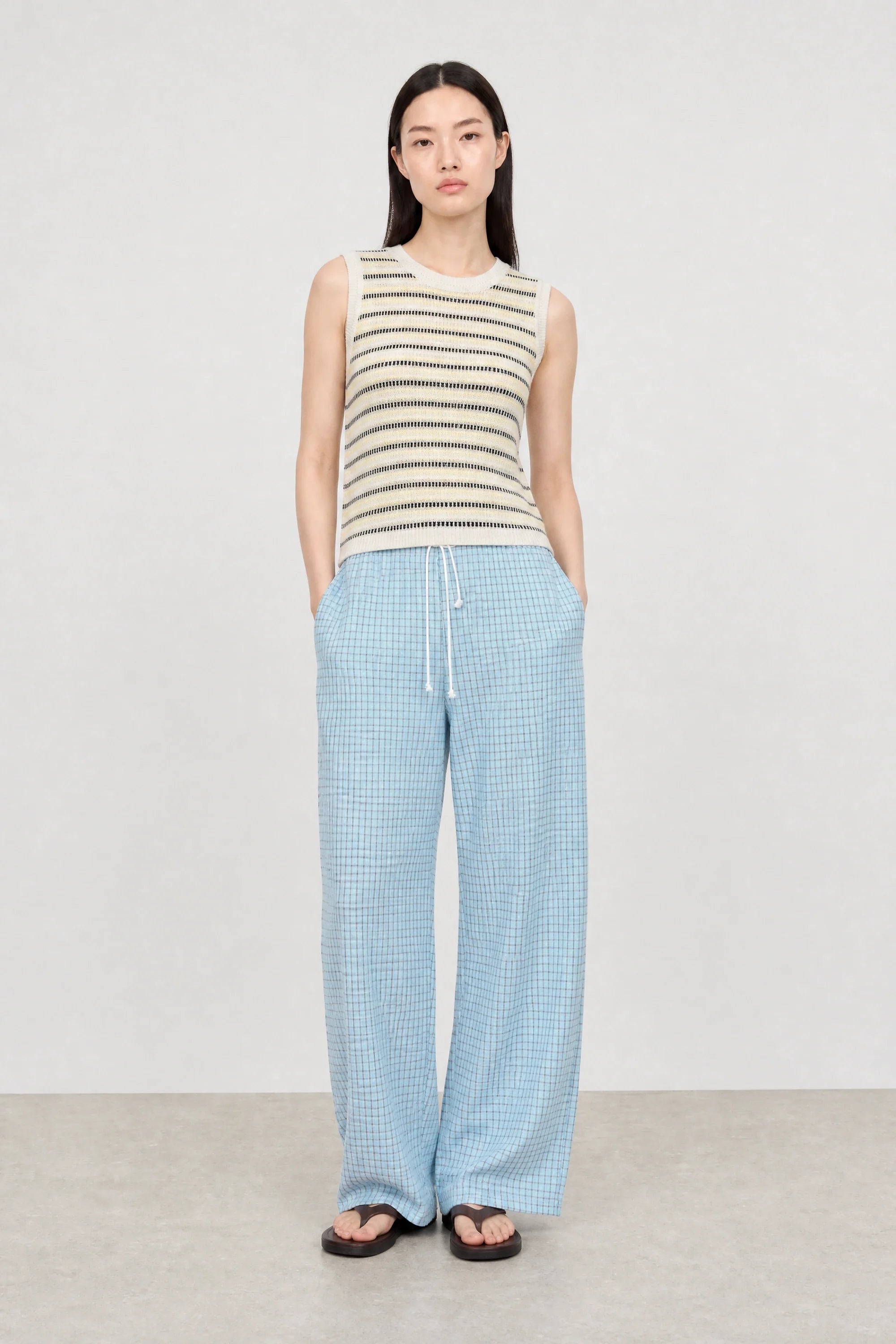 Light blue checked drawstring trousers