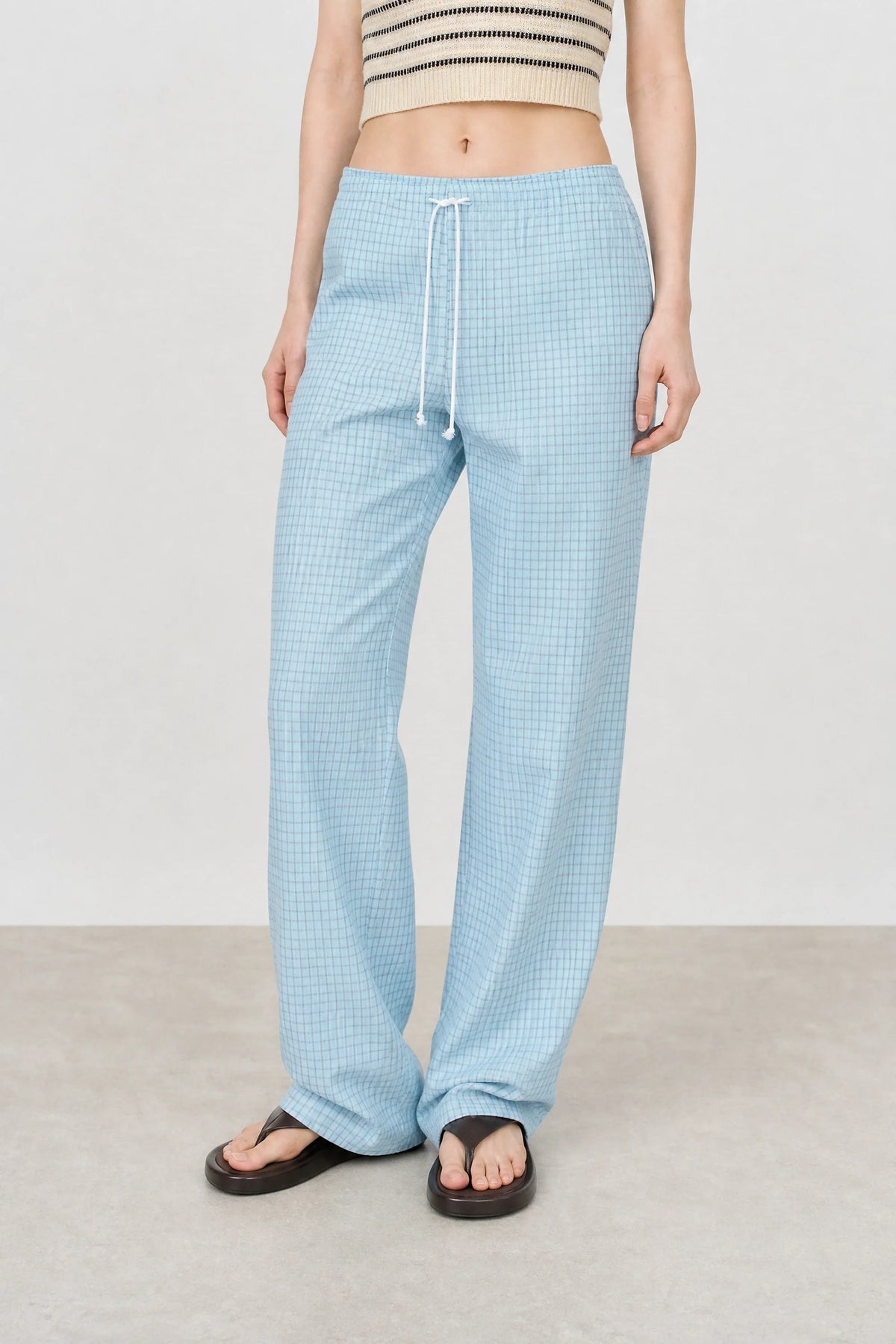 Light blue checked drawstring trousers