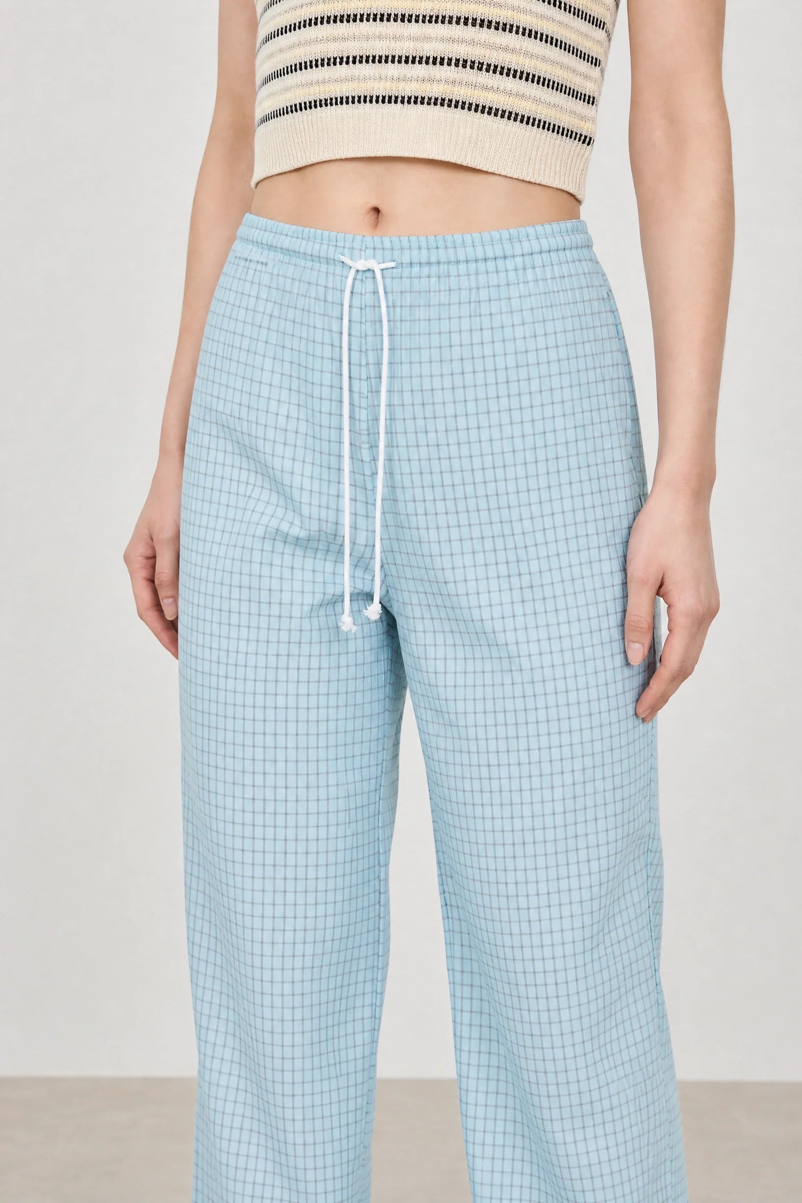 Light blue checked drawstring trousers