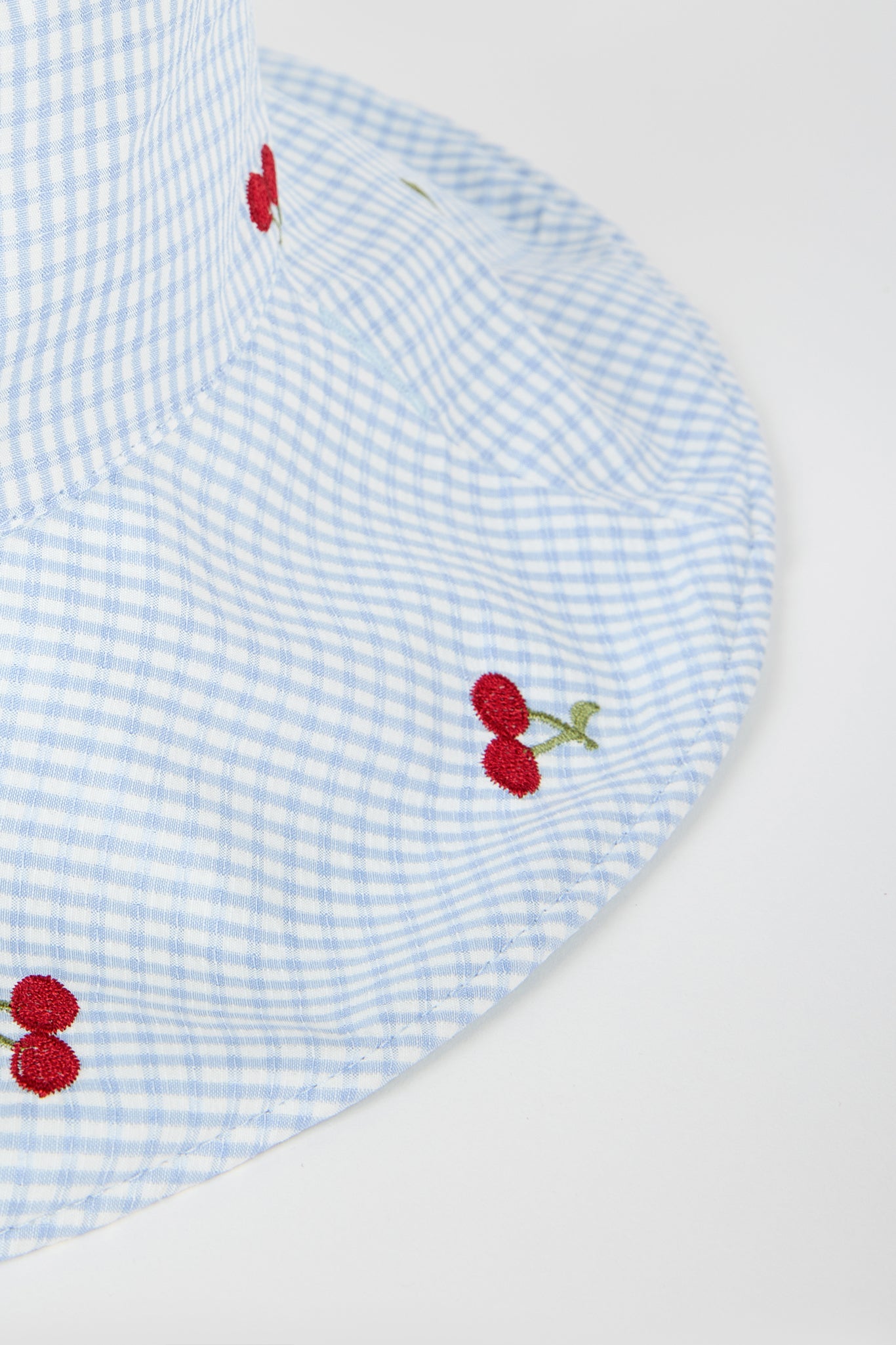 Light blue gingham embroidered cherry reversible sun hat