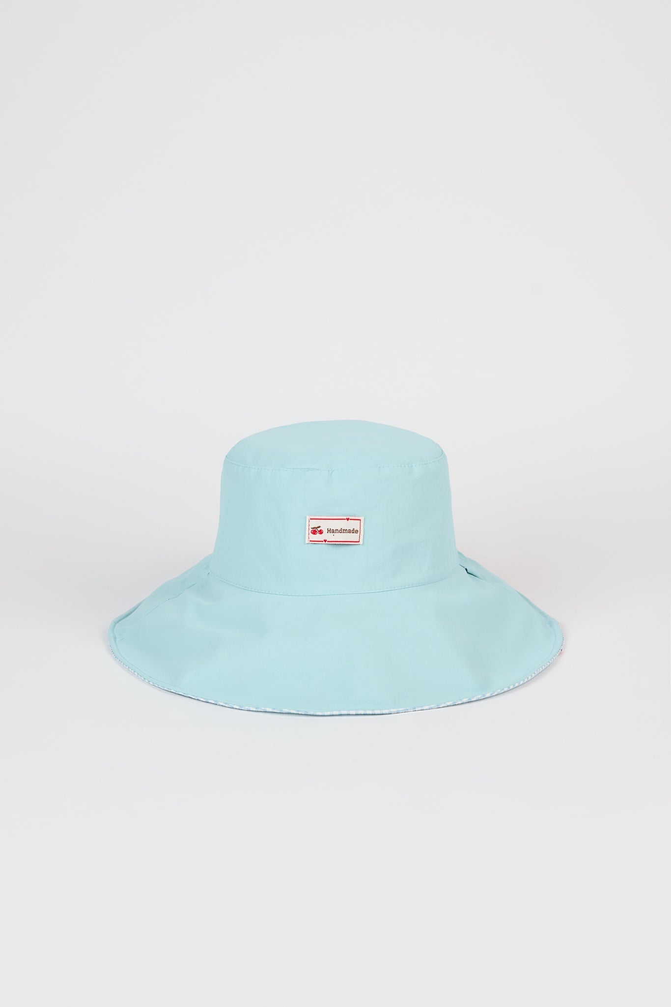 Light blue gingham embroidered cherry reversible sun hat