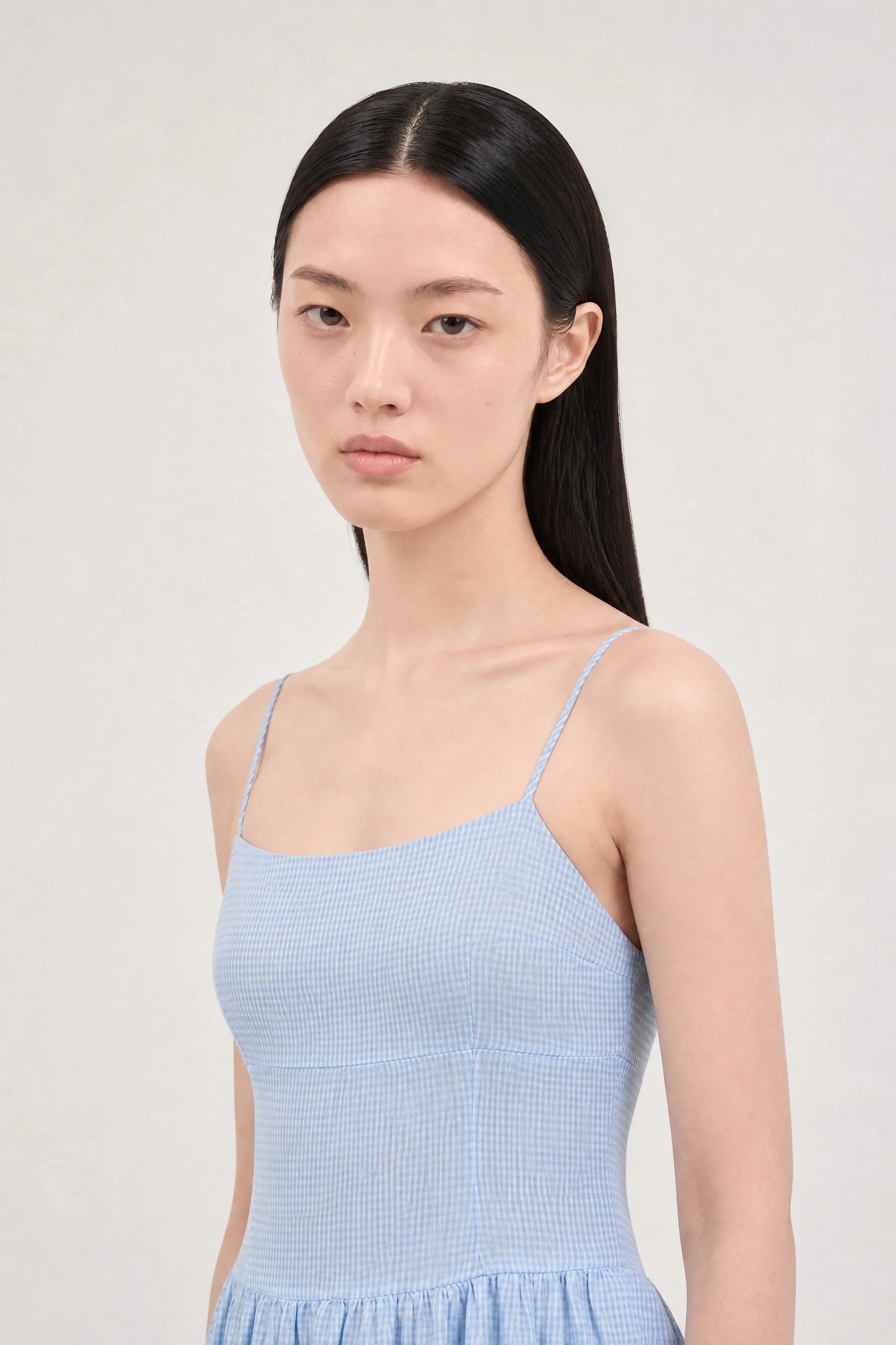 Light blue gingham ruched back dress