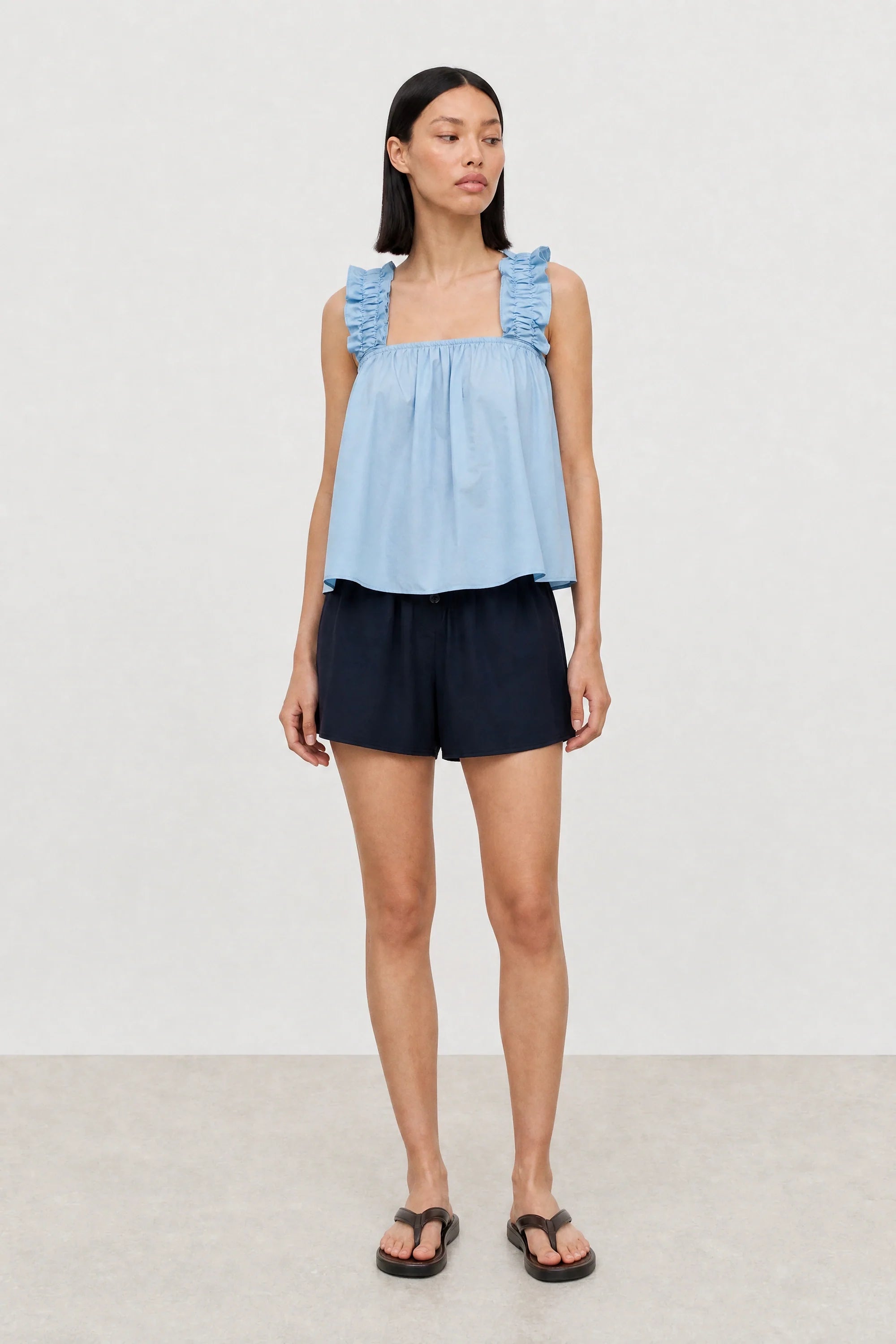 Light blue thick ruched strap tank blouse