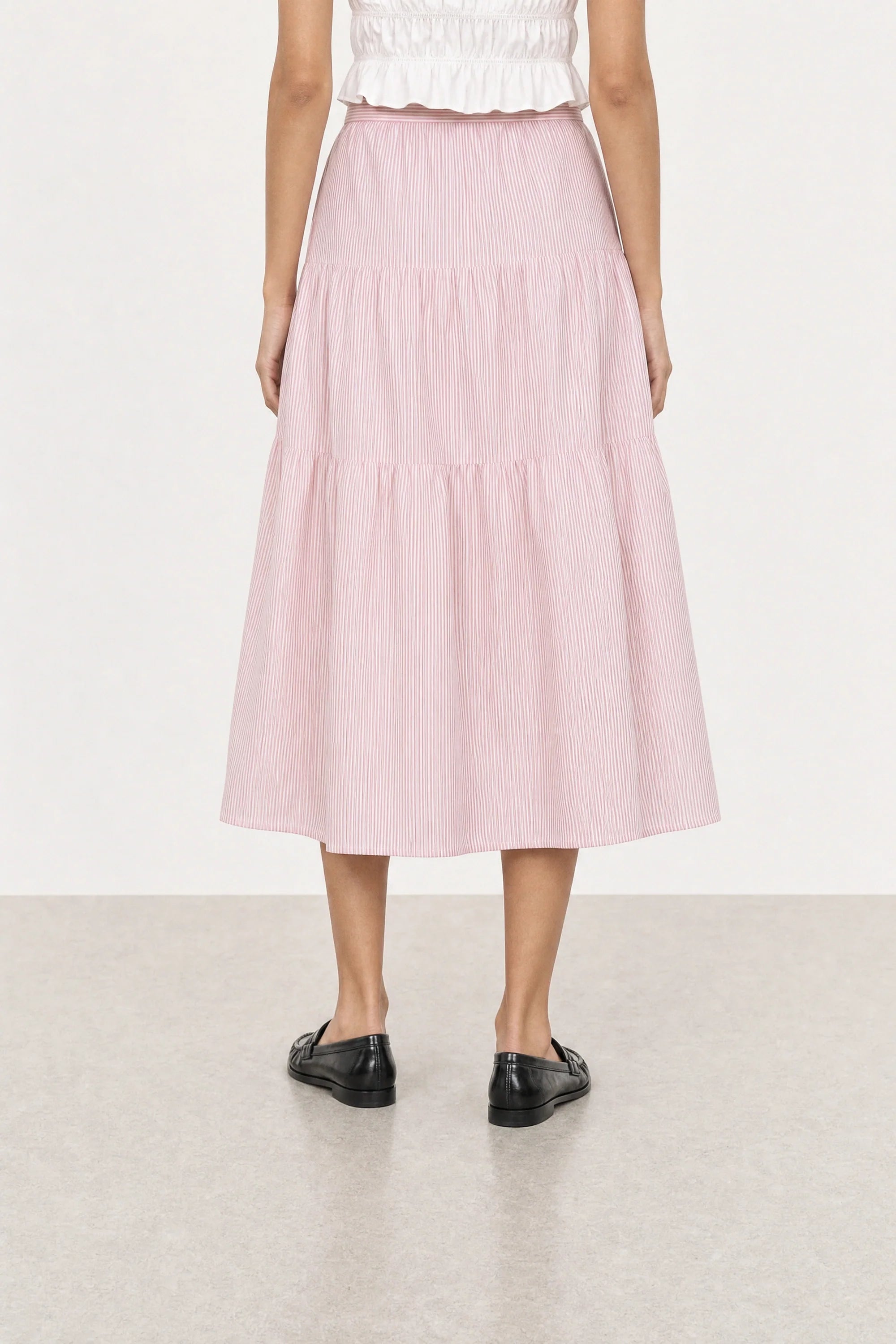 Light pink seersucker tiered midi skirt