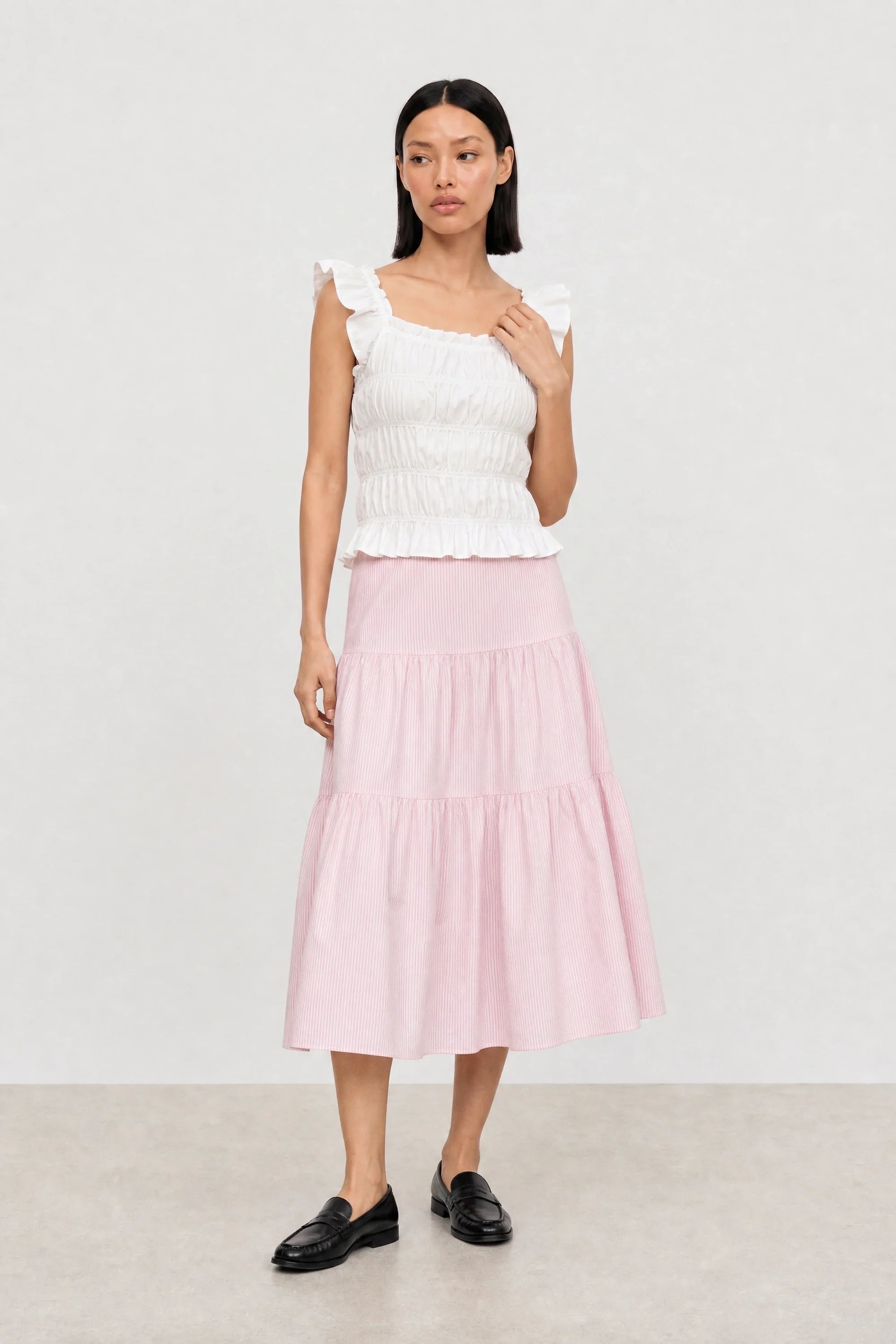 Light pink seersucker tiered midi skirt