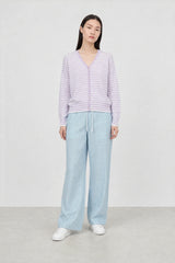 Lilac and white lilen blend thin striped contrast trim cardigan