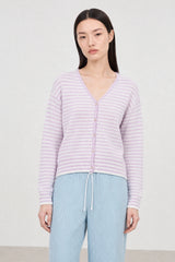 Lilac and white lilen blend thin striped contrast trim cardigan