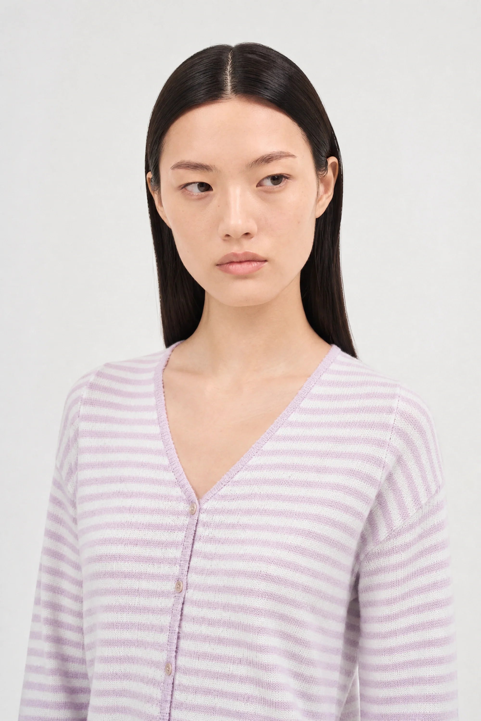 Lilac and white lilen blend thin striped contrast trim cardigan