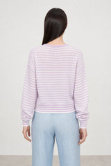 Lilac and white lilen blend thin striped contrast trim cardigan