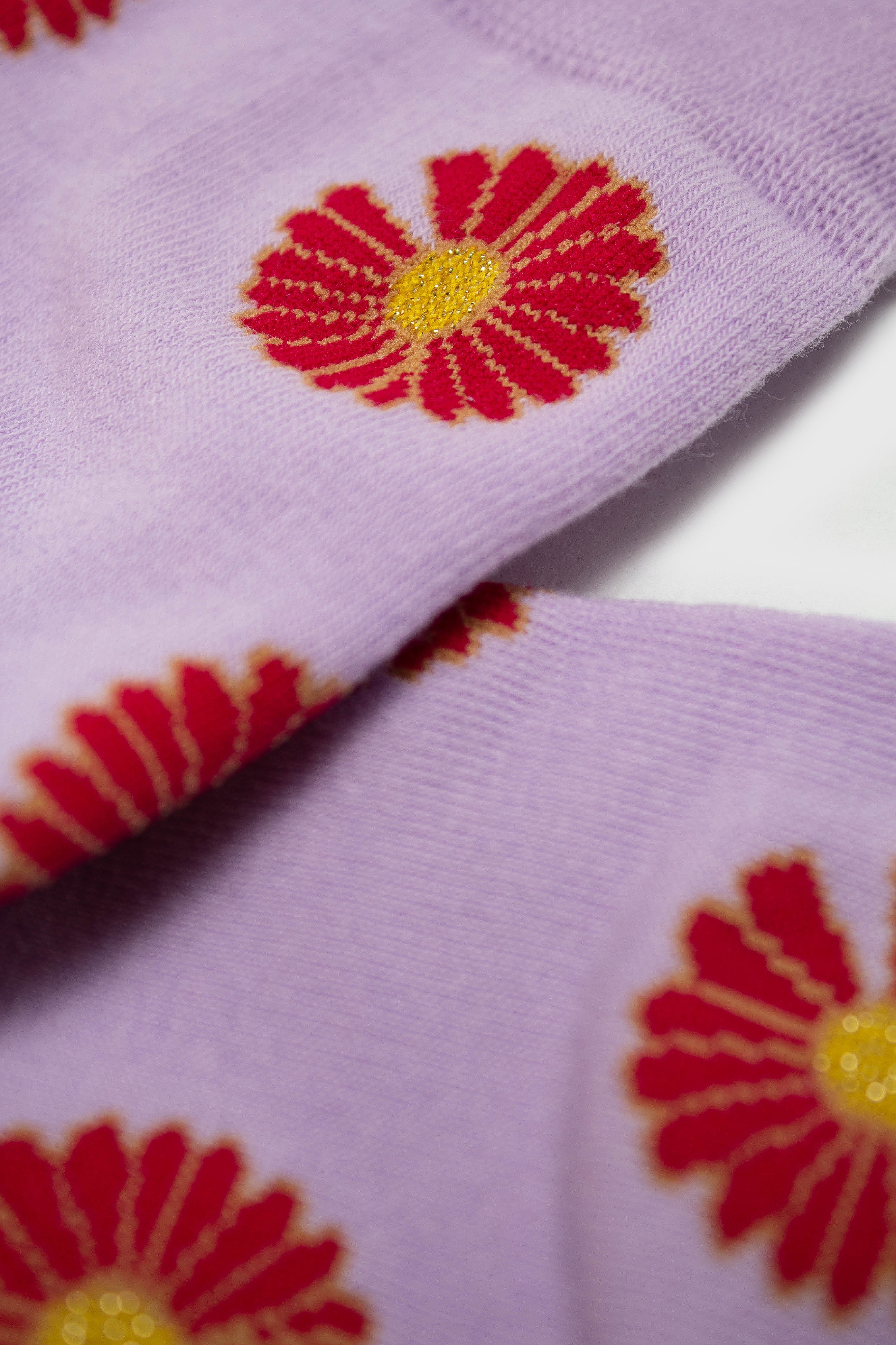 Lilac and red daisy print socks