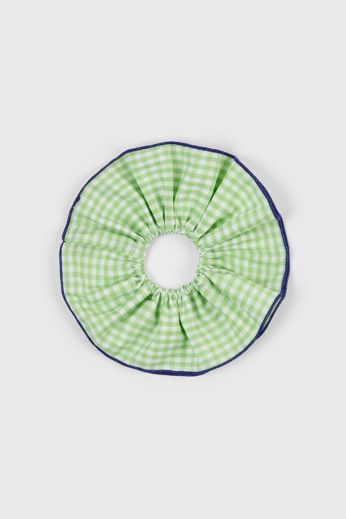 Lime green gingham and navy trim scrunchie